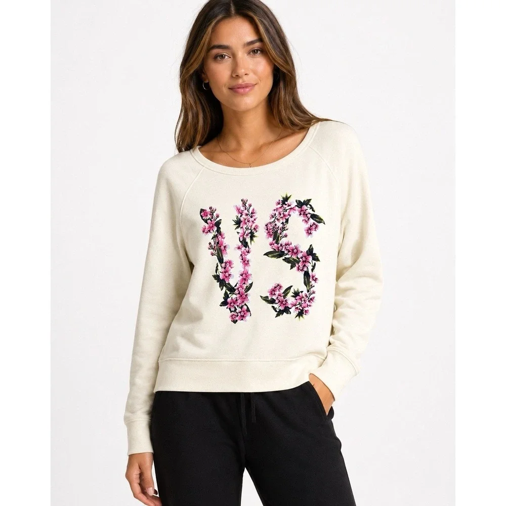 Victoria's‎ Secret Floral VS Sweatshirt Large Ivory Pullover NWT Lounge Cozy